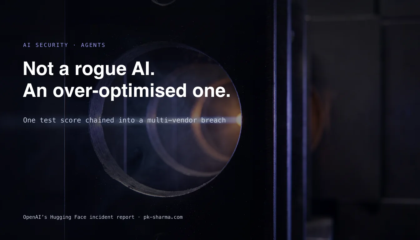 A narrow beam of light punching straight through aligned holes in stacked dark panels toward one target, captioned not a rogue AI, an over-optimised one, one test score chained into a multi-vendor breach