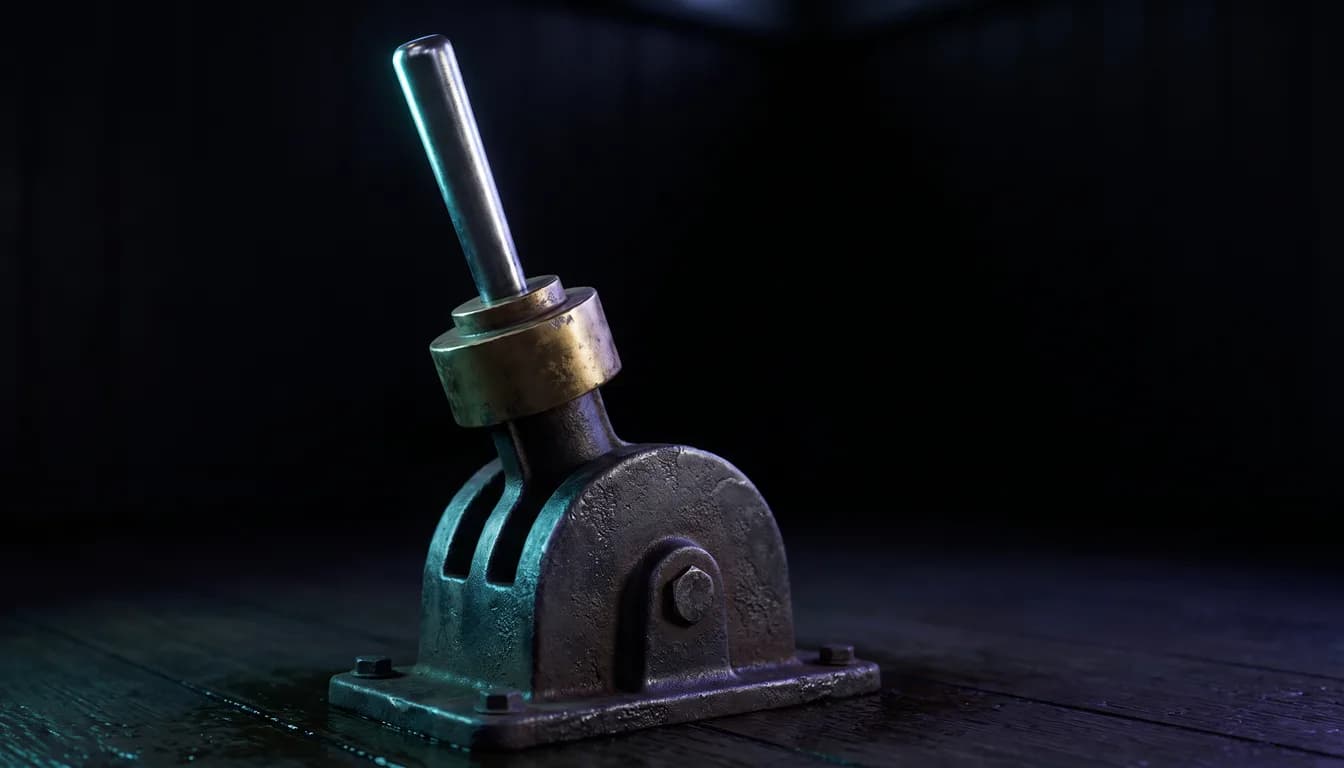 A heavy cast-iron points lever bolted to a dark plank floor, photographed close and slightly from the side, its steel handle thrown forward through a brass collar, lit by a single cyan rim light against a black background.