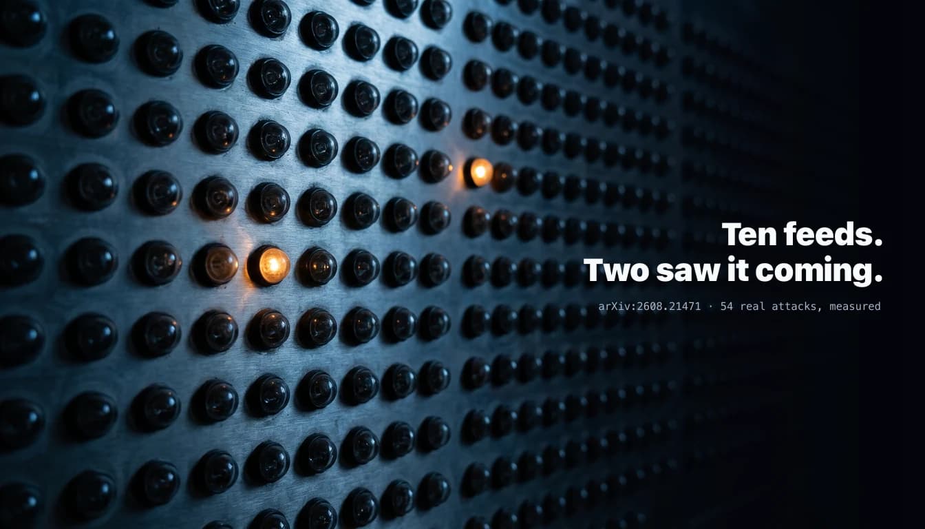 A large dark control panel densely filled with rows of identical unlit indicator lamps receding into shadow, with only two lamps glowing amber. In the dark right the text: ten feeds, two saw it coming, arXiv 2608.21471, 54 real attacks measured.