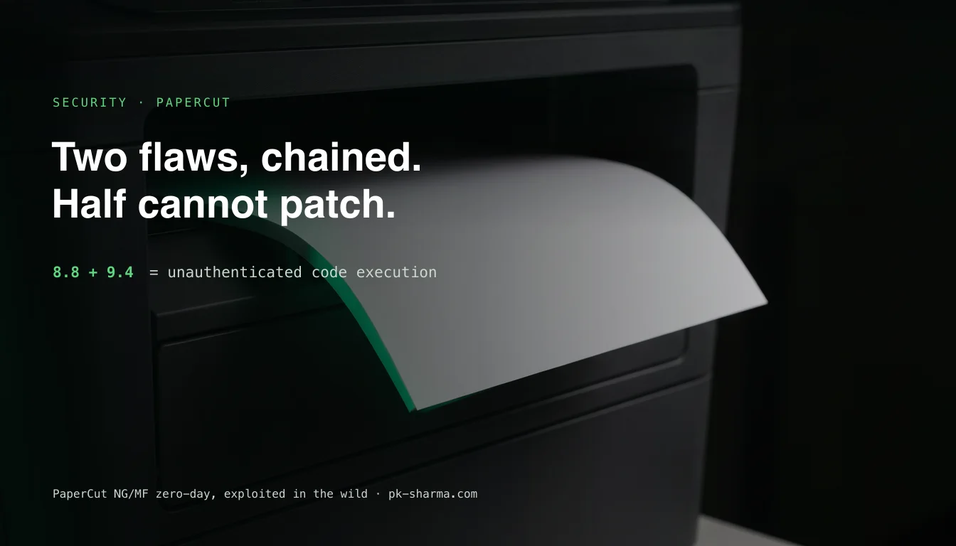 A dark office printer with a blank sheet emerging from its tray under green rim light, captioned two flaws chained, half cannot patch, 8.8 plus 9.4 equals unauthenticated code execution