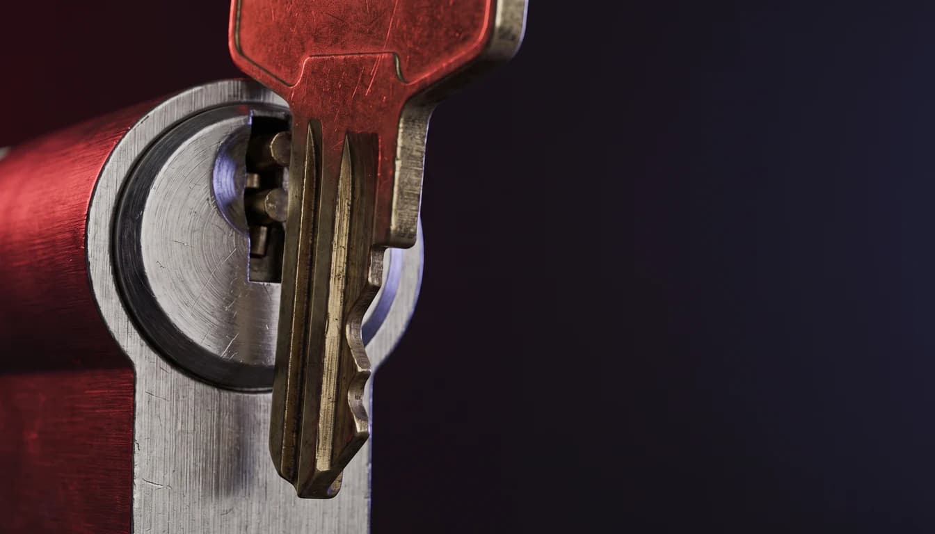 A brass key inserted in a lock cylinder with the pins visible, lit by a deep crimson rim light against a near-black background.
