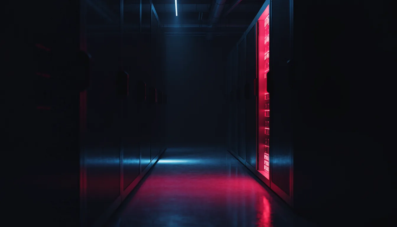 Dark server corridor with one rack glowing neon red against cold blue light