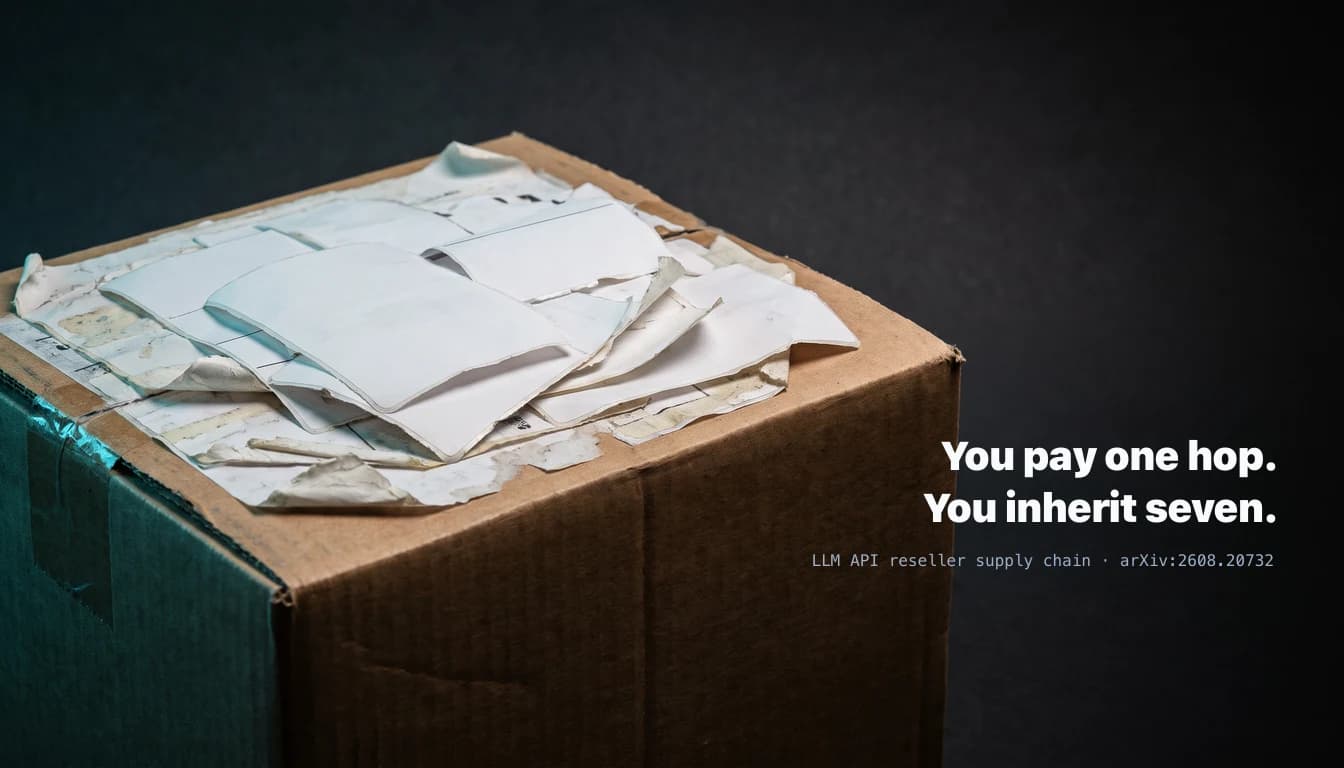 A battered brown cardboard parcel on a dark studio background, its top buried under many overlapping blank white shipping labels stacked and peeling, showing it has been relabelled and forwarded many times. Text in the dark right reads: you pay one hop, you inherit seven, LLM API reseller supply chain, arXiv 2608.20732.