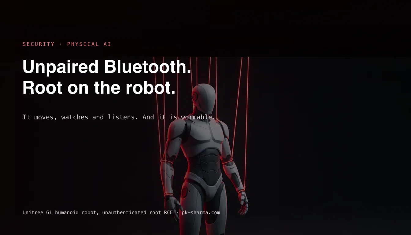 A humanoid robot in a dark studio with thin red control strings descending onto it like a marionette, captioned unpaired Bluetooth, root on the robot, it moves, watches and listens, and it is wormable