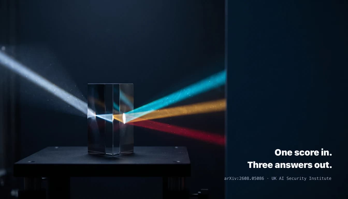 A single white beam of light entering a glass prism on a dark laboratory stand and splitting into three diverging beams, one cyan, one amber, one red, against a near-black background. Text in the dark right reads: one score in, three answers out, arXiv 2608.05086, UK AI Security Institute.