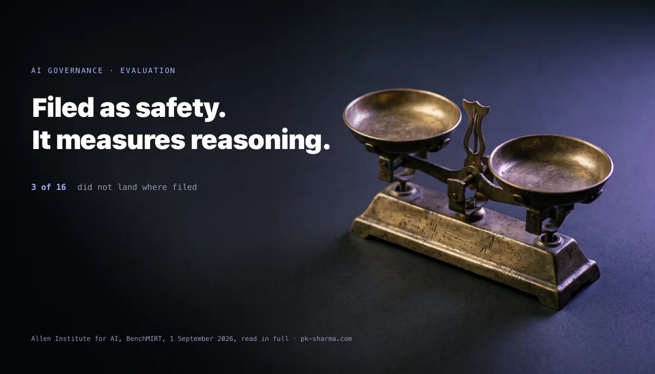 A small antique brass balance scale with two completely empty pans, sitting slightly off level on a dark surface, lit by a cool indigo rim light with the surface falling away to the left into near black.