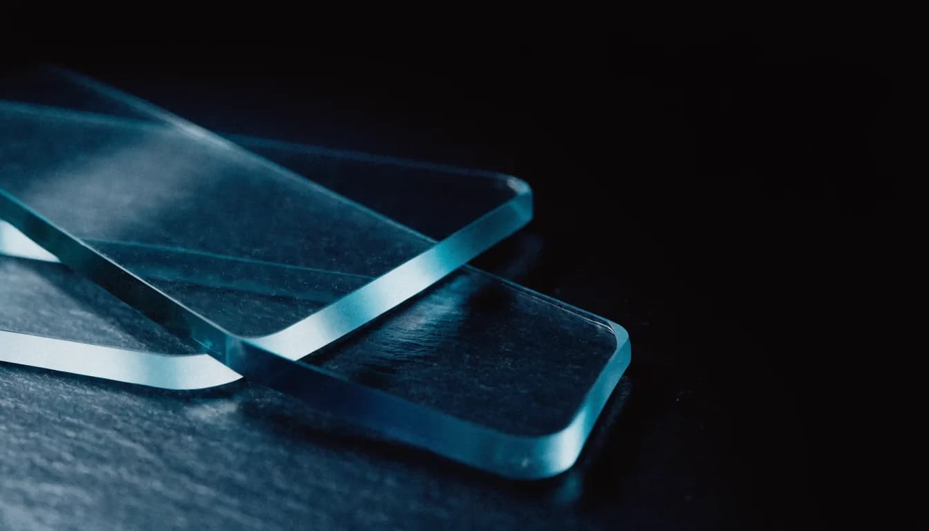 Three overlapping translucent glass panels on slate with cyan light brightening where they intersect