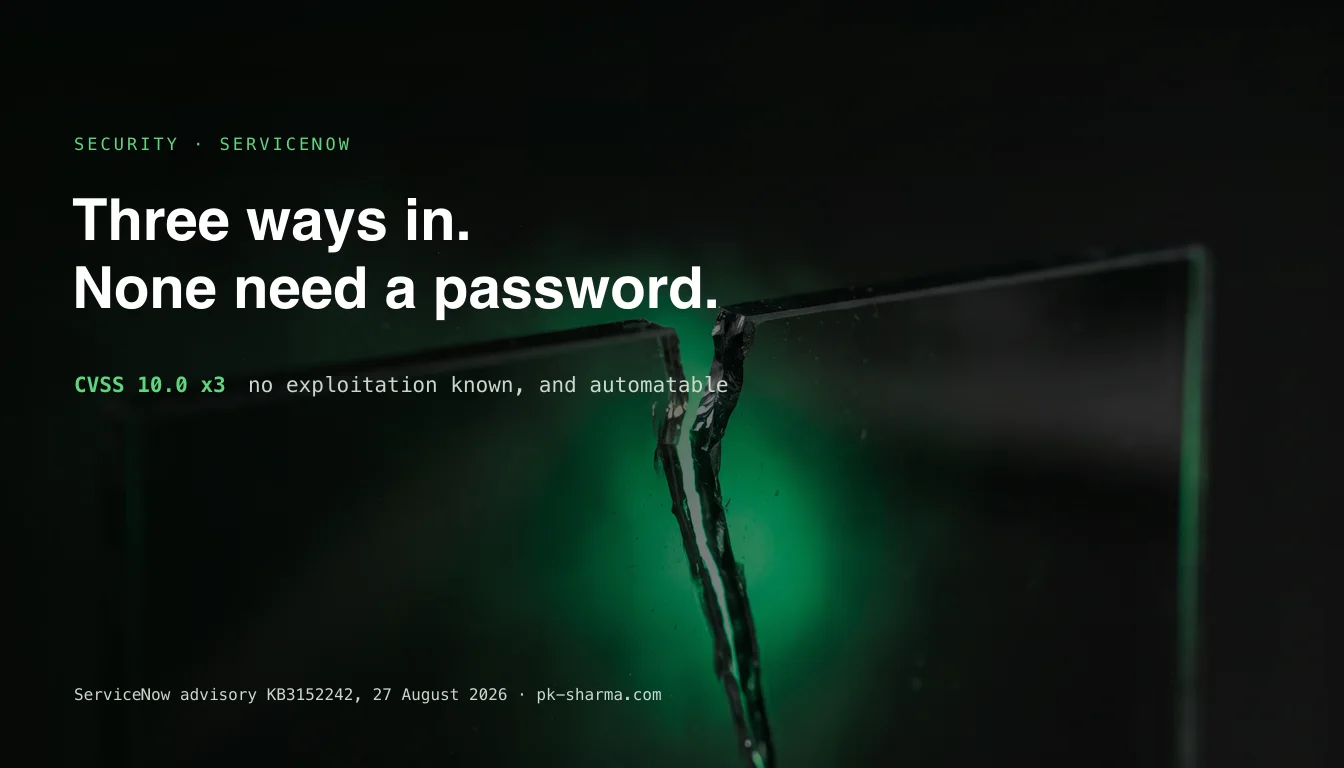 A cracked pane of dark glass with vivid green light spilling through the fracture, captioned three ways in, none need a password, three CVSS 10.0 flaws with no known exploitation and rated automatable
