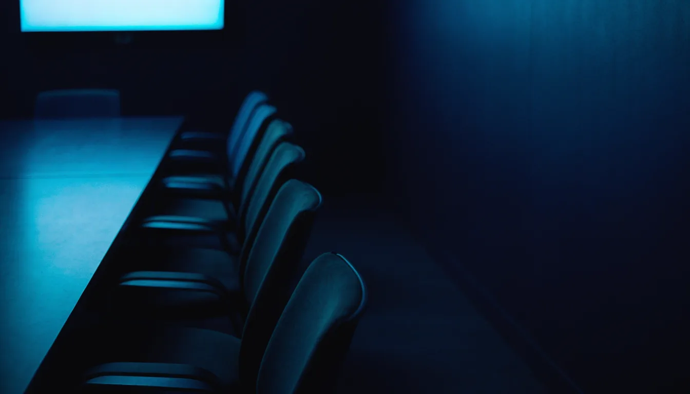 An empty meeting room at night with chairs pulled back and a cyan-lit screen casting light across a dark table