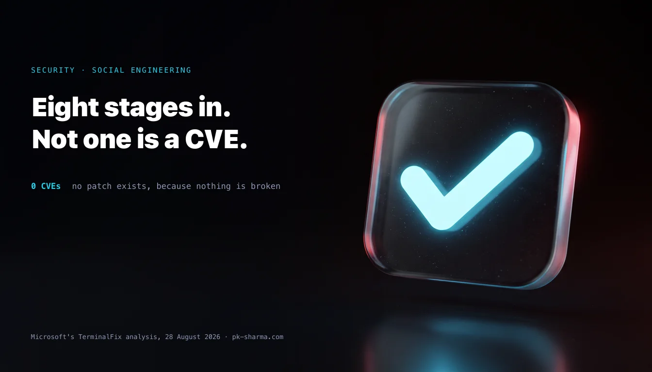 A single glass tick box glowing cyan on a black background, captioned: eight stages in, not one is a CVE. 0 CVEs, no patch exists, because nothing is broken.