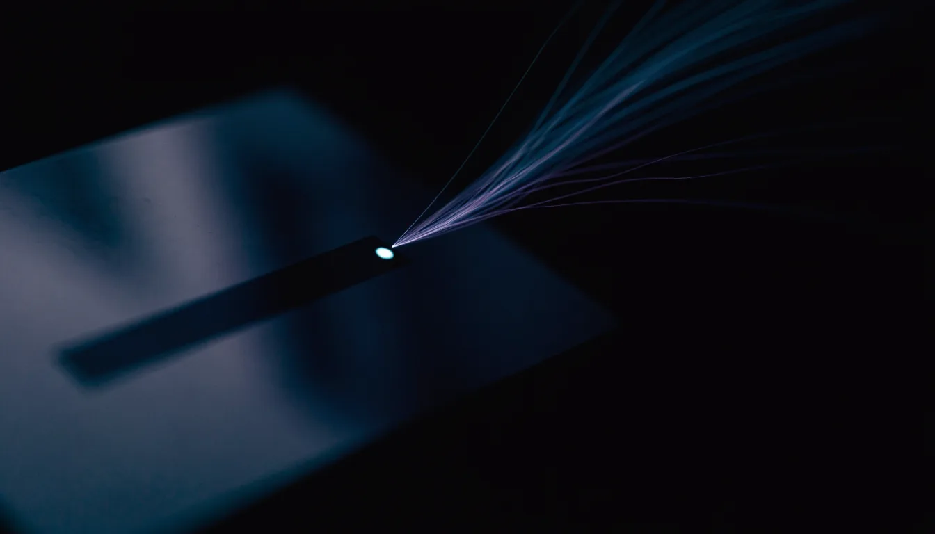 Dark empty text field with a single glowing cursor and threads of cyan light streaming away out of frame