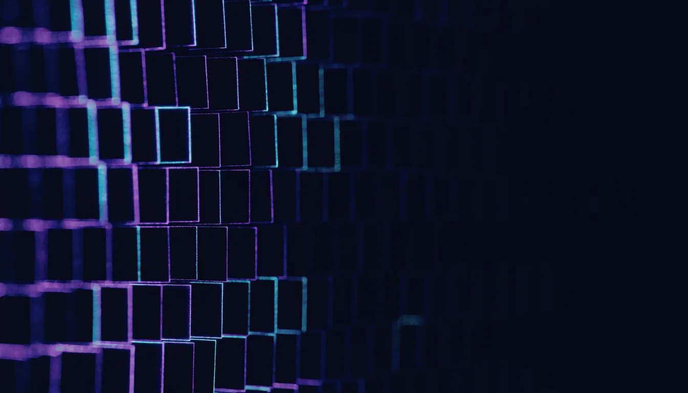 Dense field of small glowing rectangular blocks in rows receding into darkness, lit in cyan and violet