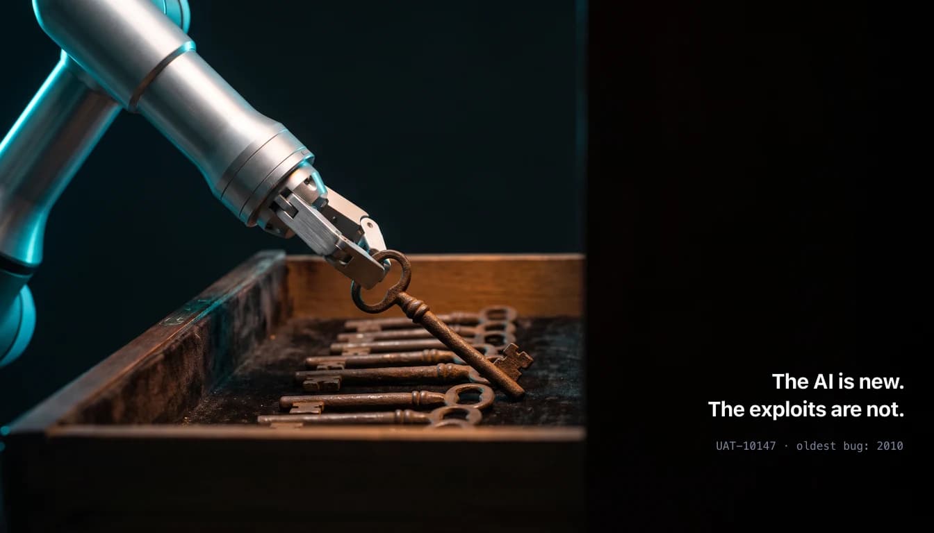 A robotic gripper arm in cool metal, lit by cyan light, lifting one rusted antique skeleton key from a wooden tray holding a row of similar old keys, against a near-black background. In the dark right of the frame, white text reads: the AI is new, the exploits are not. Below it, UAT-10147, oldest bug 2010.