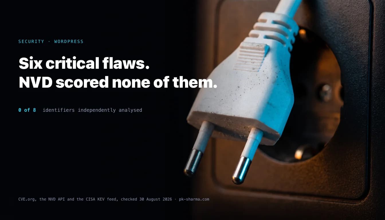 A white electrical plug hanging loose in front of a dark wall socket, captioned: six critical flaws, NVD scored none of them. 0 of 8 identifiers independently analysed.