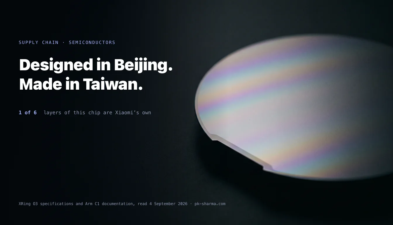 A single bare silicon wafer standing at a slight angle against a near-black surface, its mirror face catching a raking light in faint iridescent bands. It carries no die grid, circuitry pattern or markings of any kind.