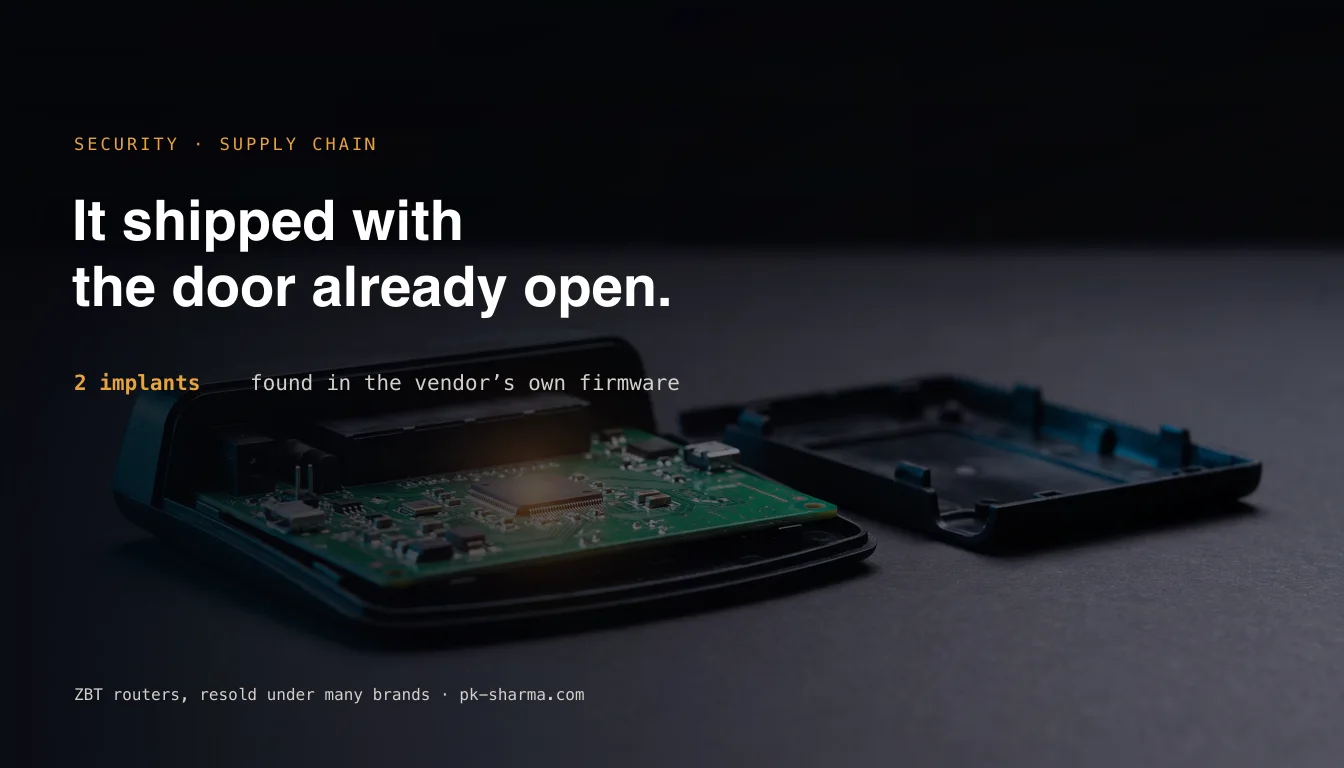 A small consumer router with its casing lifted off revealing the circuit board and one glowing chip, captioned it shipped with the door already open, two implants found in the vendor own firmware