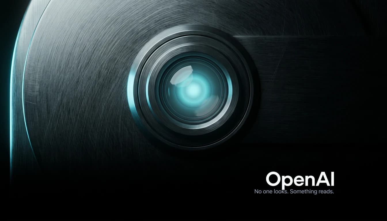 A close photograph of a heavy brushed-steel vault door in near darkness, with a single circular optical lens set into it, concentric machined rings around the glass and a cyan light glowing from deep inside it. The OpenAI wordmark sits in white in the dark lower right, above the line: no one looks, something reads.