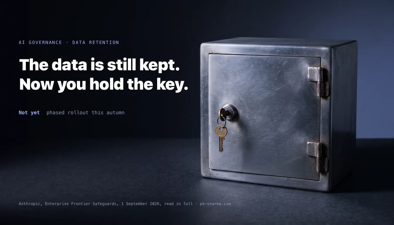 A closed brushed-steel strongbox on a dark surface with a small brass key still hanging in its lock, lit by a cold indigo rim light with the surface falling away to the left into near black.