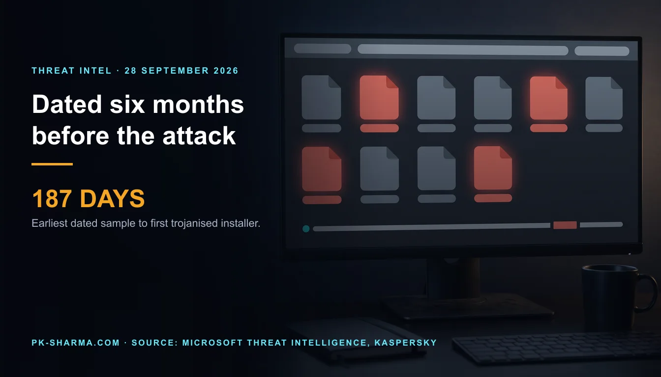 Editorial illustration for the briefing: A NeedyMantis sample is dated 187 days before the DAEMON Tools attack Microsoft found it through