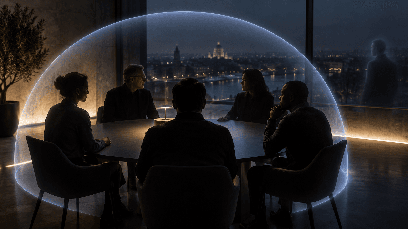 Editorial illustration of an encrypted group conversation with one faint extra presence outside the expected group.