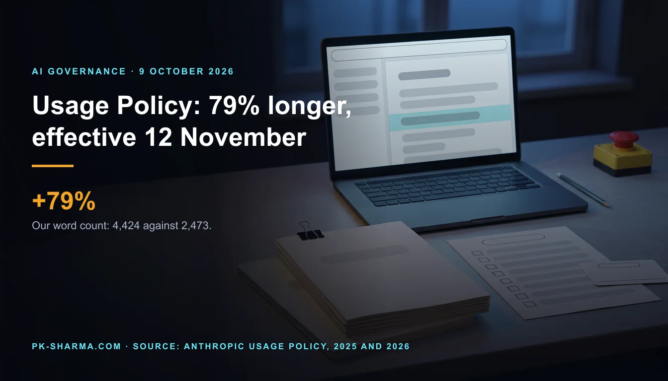 A compliance desk at dusk with a thin and a thick printed policy document, a printed checklist with empty boxes, a blank approval card, an open laptop showing a blank document viewer and a small red emergency-stop button. No people. Overlaid text reads Usage Policy: 79% longer, effective 12 November, plus 79%, our word count 4,424 against 2,473.