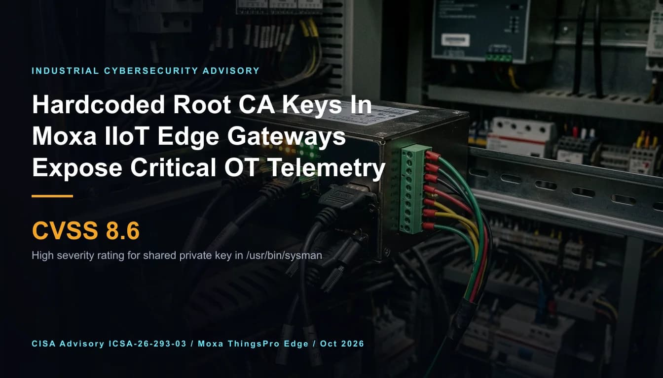 Editorial illustration for the briefing: CISA warns hardcoded root keys in Moxa IIoT gateways enable traffic interception