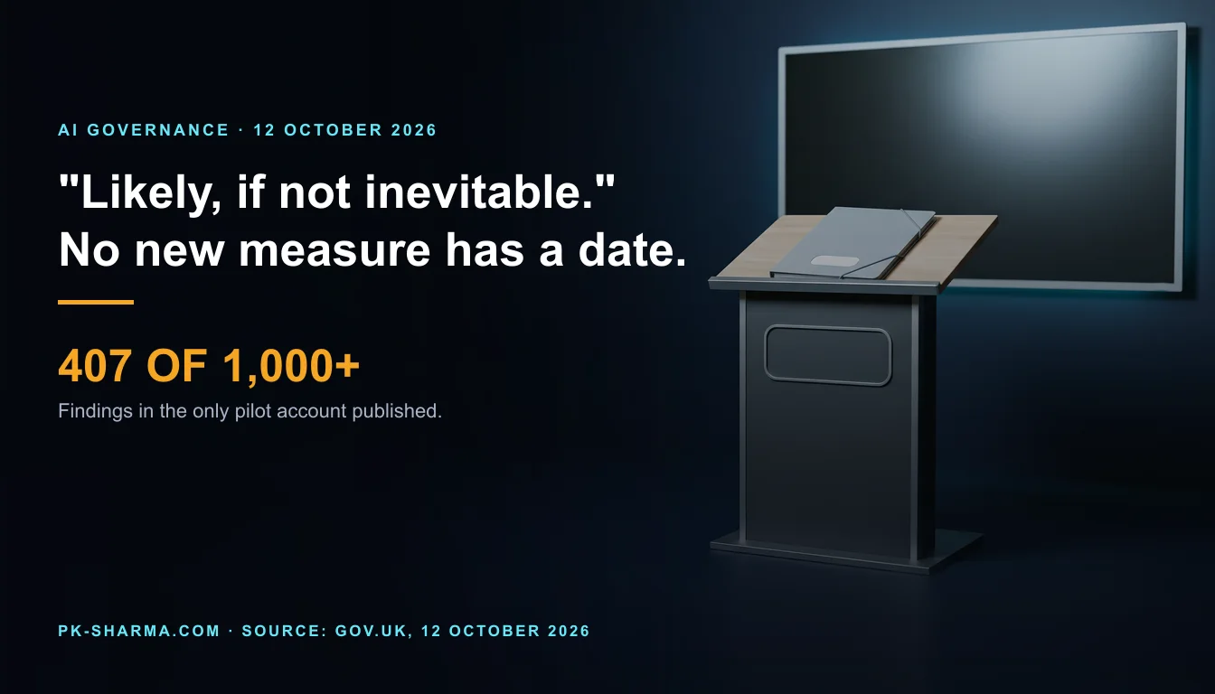 A dark government briefing room. A slim graphite lectern with a pale ash-wood top stands right of centre, with a closed pale grey document folder and a darker elastic band lying on it, its label well empty. Behind it hangs a large wall display, switched off and completely blank. The left half is empty dark blue, carrying the headline and a stat drawn over it: 407 of 1,000+.