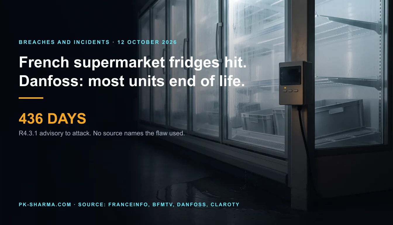A dark supermarket aisle at night. A long freezer cabinet with fogged glass doors and almost bare wire shelves stands on the right, with a small grey refrigeration controller on a steel post whose display window is dark and blank, and a pool of water on the floor. The left is empty dark blue, with the headline and a stat drawn over it: 436 days.