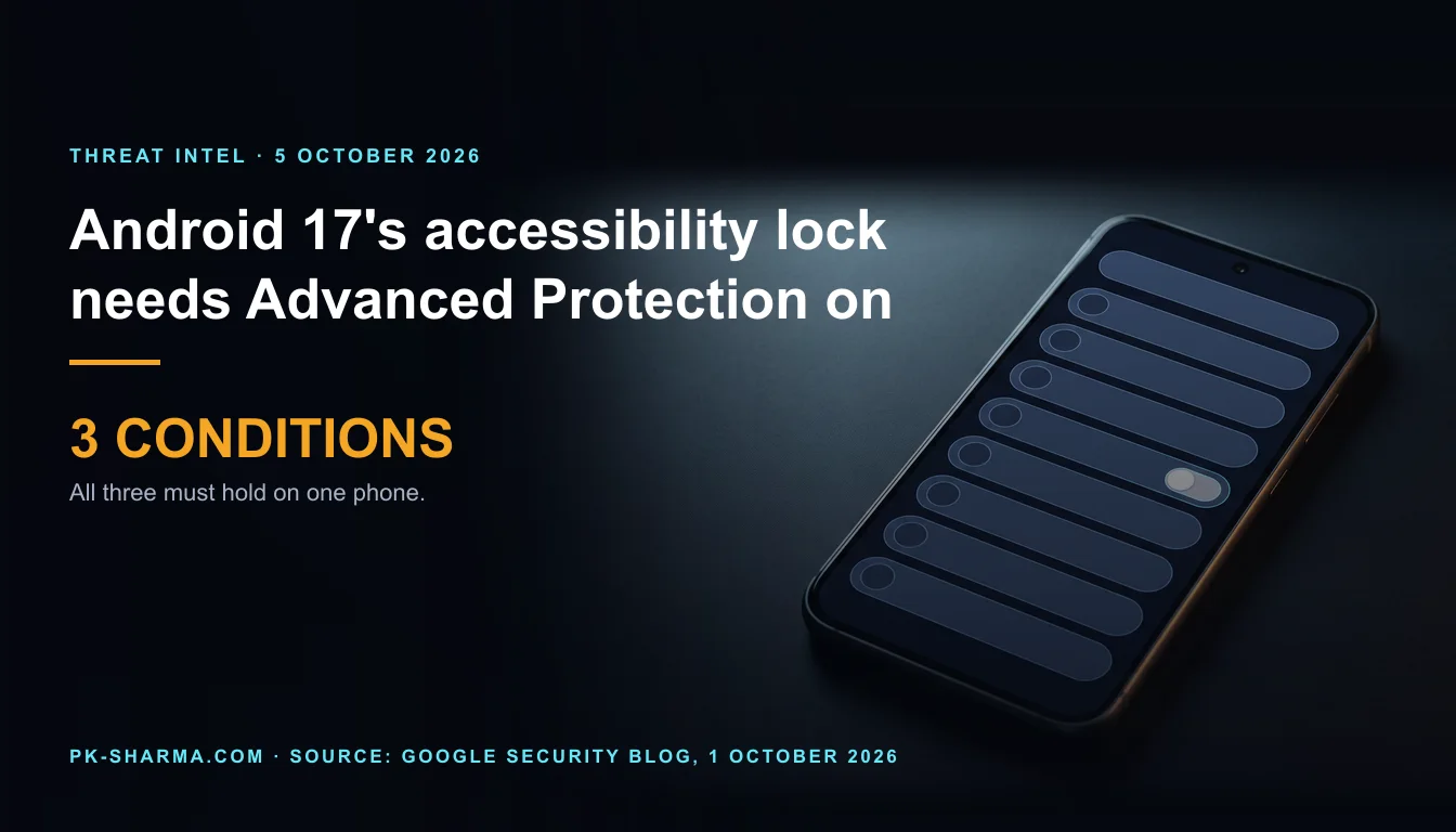 Editorial illustration for the briefing: Android 17's accessibility lock works only if the user turns Advanced Protection on; no uptake figure found