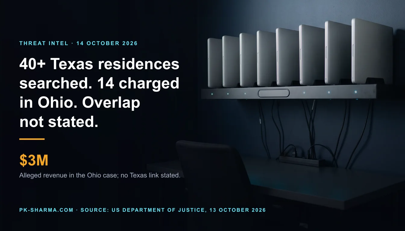 A dark spare room. On a plain steel wall shelf stand eight identical closed silver laptops, each with a tiny cyan status light on the shelf's front edge, above a bare desk with a black power strip and an empty black office chair. The left half is empty dark blue, with the headline and a stat drawn over it: 40+ Texas residences searched, 14 charged in Ohio, overlap not stated, and $3M.