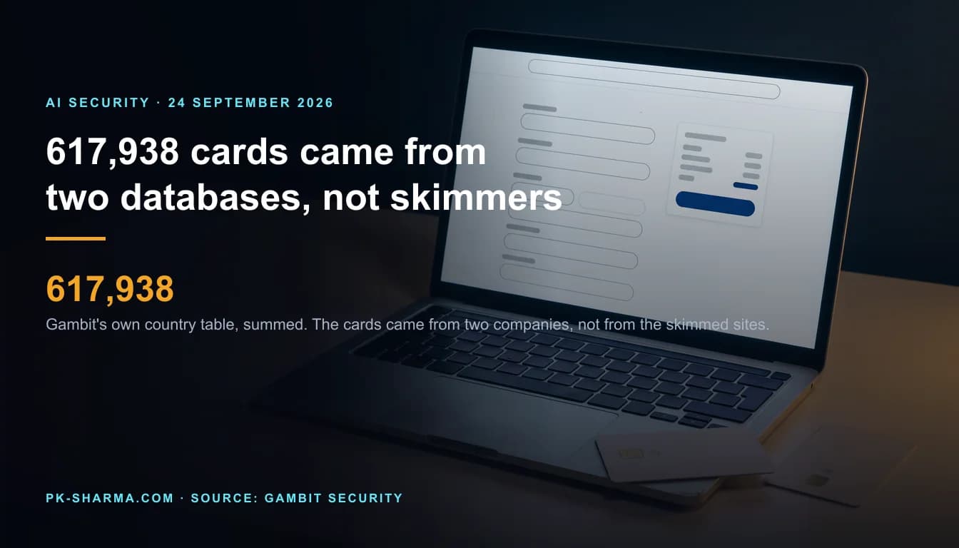Editorial illustration for the briefing: The 617,938 stolen cards came from two databases, not from 100 skimmed sites