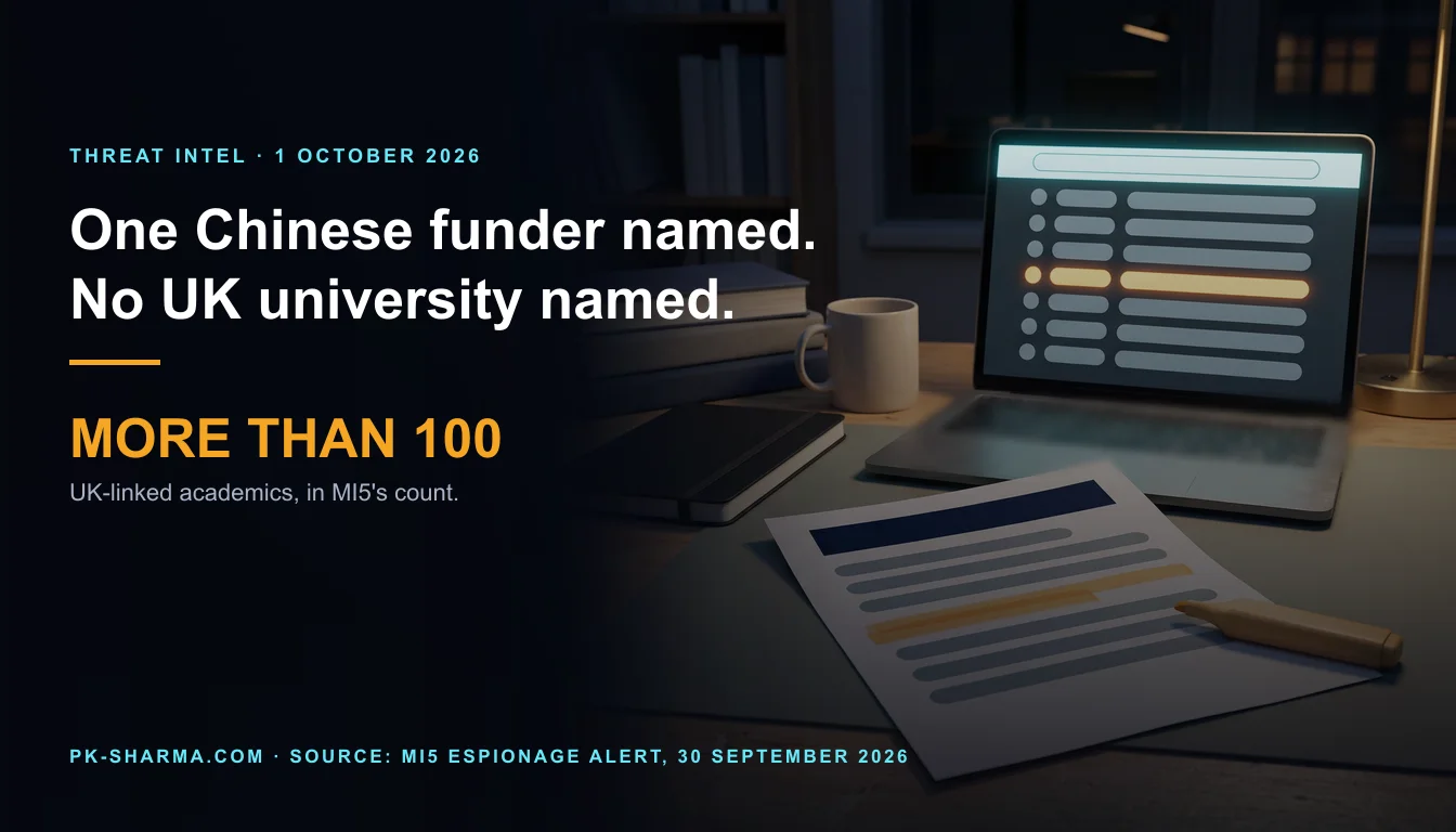 Editorial illustration for the briefing: MI5 names one Chinese funder and over 100 UK-linked academics, but no university, project or case