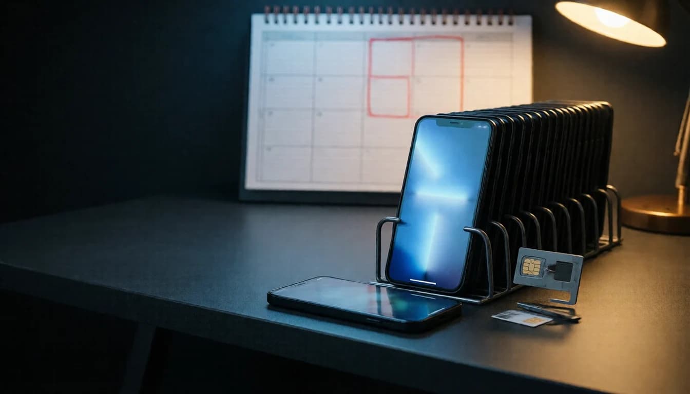 A phone standing in a charging rack of devices, with a SIM card and another phone, below a wall calendar marked in red.