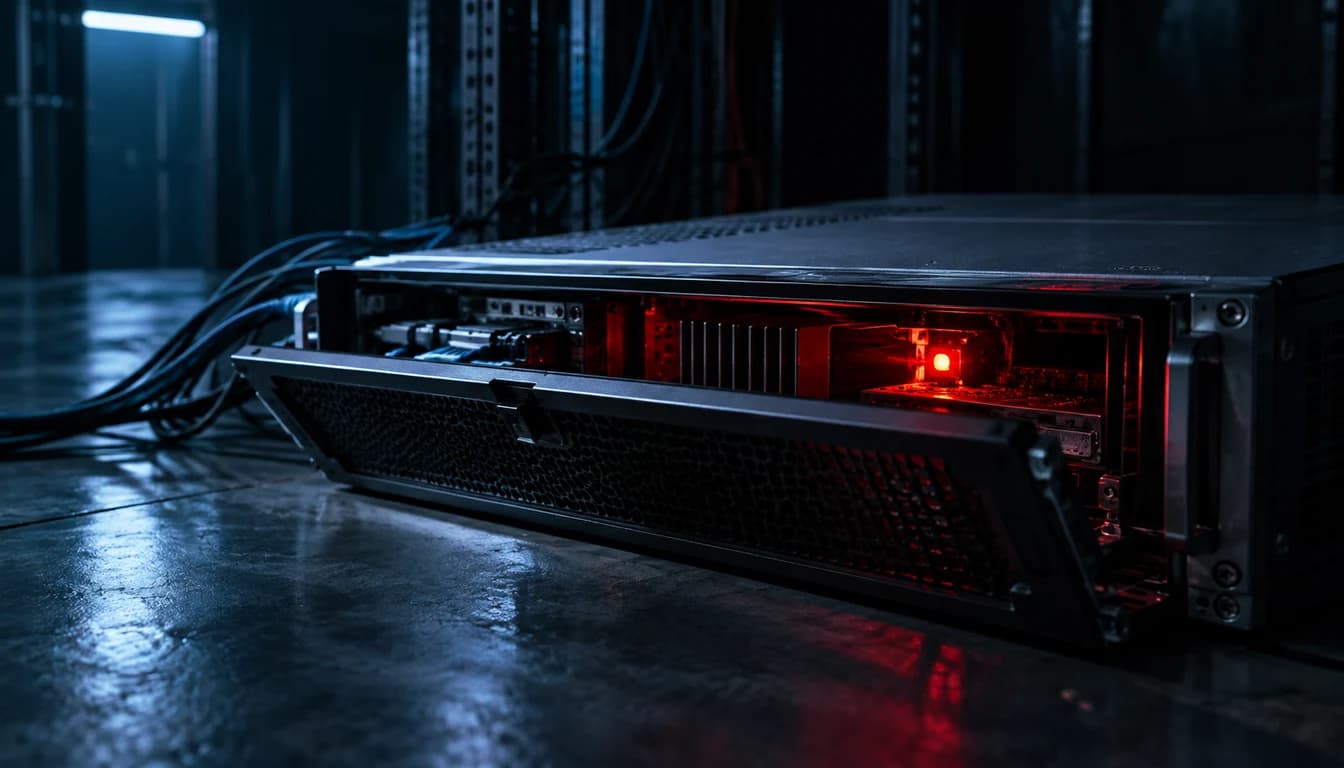 AI-generated editorial photograph of an unbranded firewall management appliance with an open panel and red warning light.