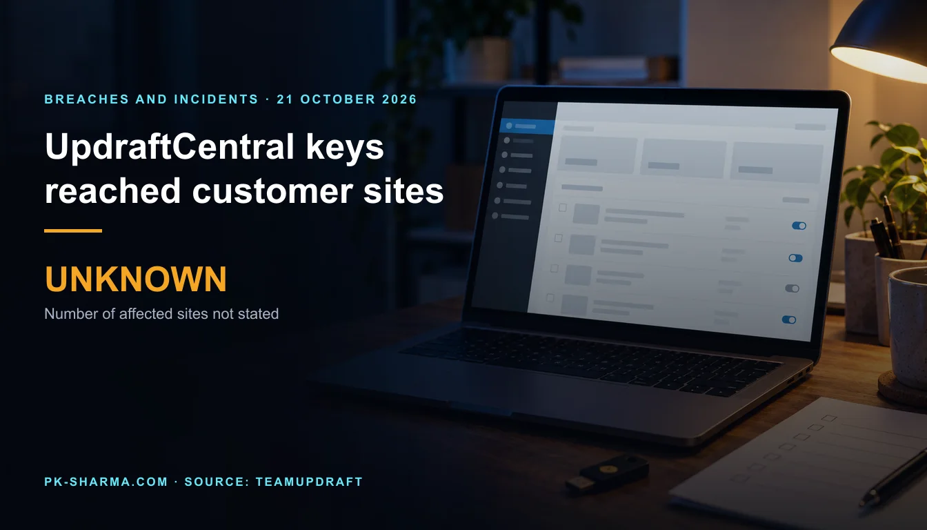 Editorial illustration of an unbranded WordPress-style plugin dashboard on a laptop, with a blank checklist and security key on the desk. Headline says UpdraftCentral keys reached customer sites; affected-site count unknown.