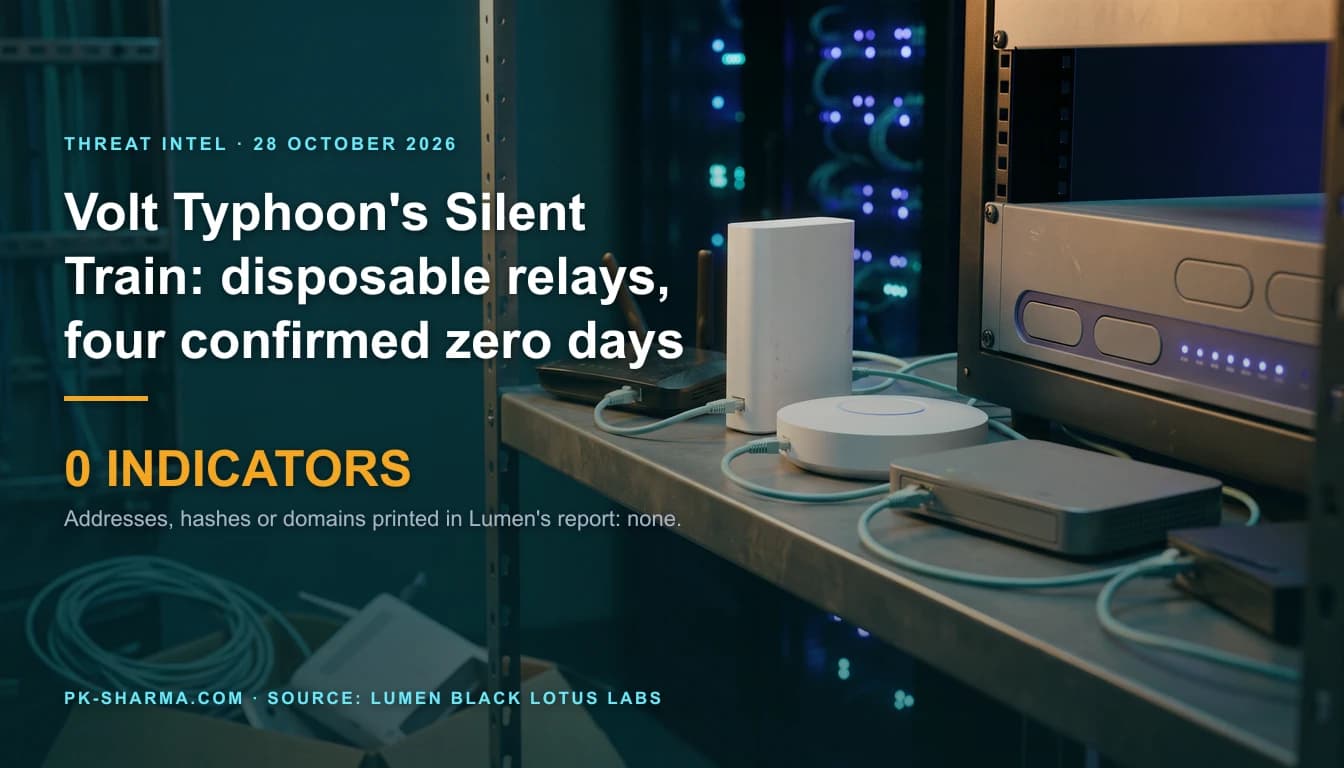 A telecom equipment room in teal and indigo light. On a steel shelf a chain of unmarked network devices stands in a row, joined by pale teal patch cables: a black router with two antennas, a tall white router, a round white mesh unit, a flat grey router and a larger grey firewall appliance in a rack, with blank rounded slots and a row of indigo lights. A coil of cable and a discarded router lie in a box in the foreground. The headline and a stat are drawn over the calm left side: 0 indicators.