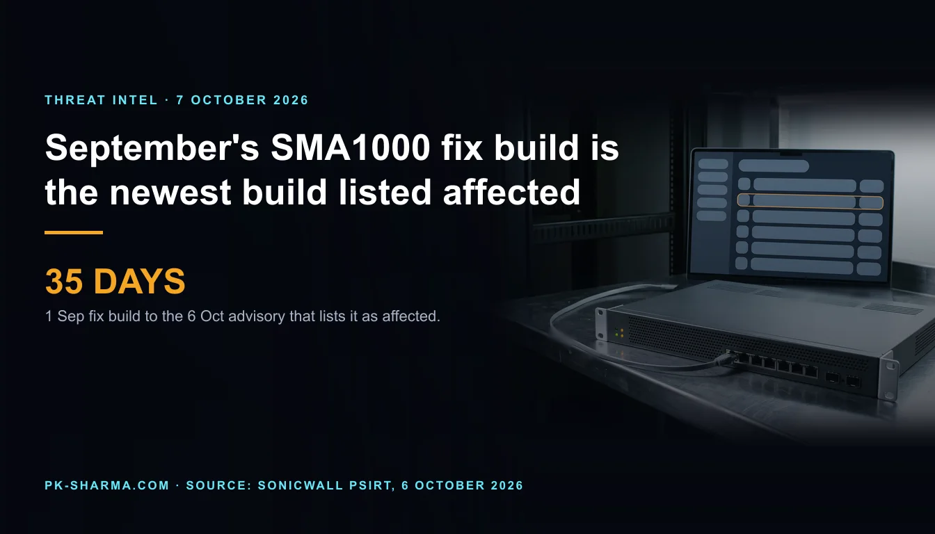 A dim equipment-room steel bench with a graphite rack-mount network appliance cabled to an open laptop. The laptop screen shows a list of blank rounded rows with one row outlined in amber. Text on the left reads: September's SMA1000 fix build is the newest build listed affected, 35 days, 1 Sep fix build to the 6 Oct advisory that lists it as affected.