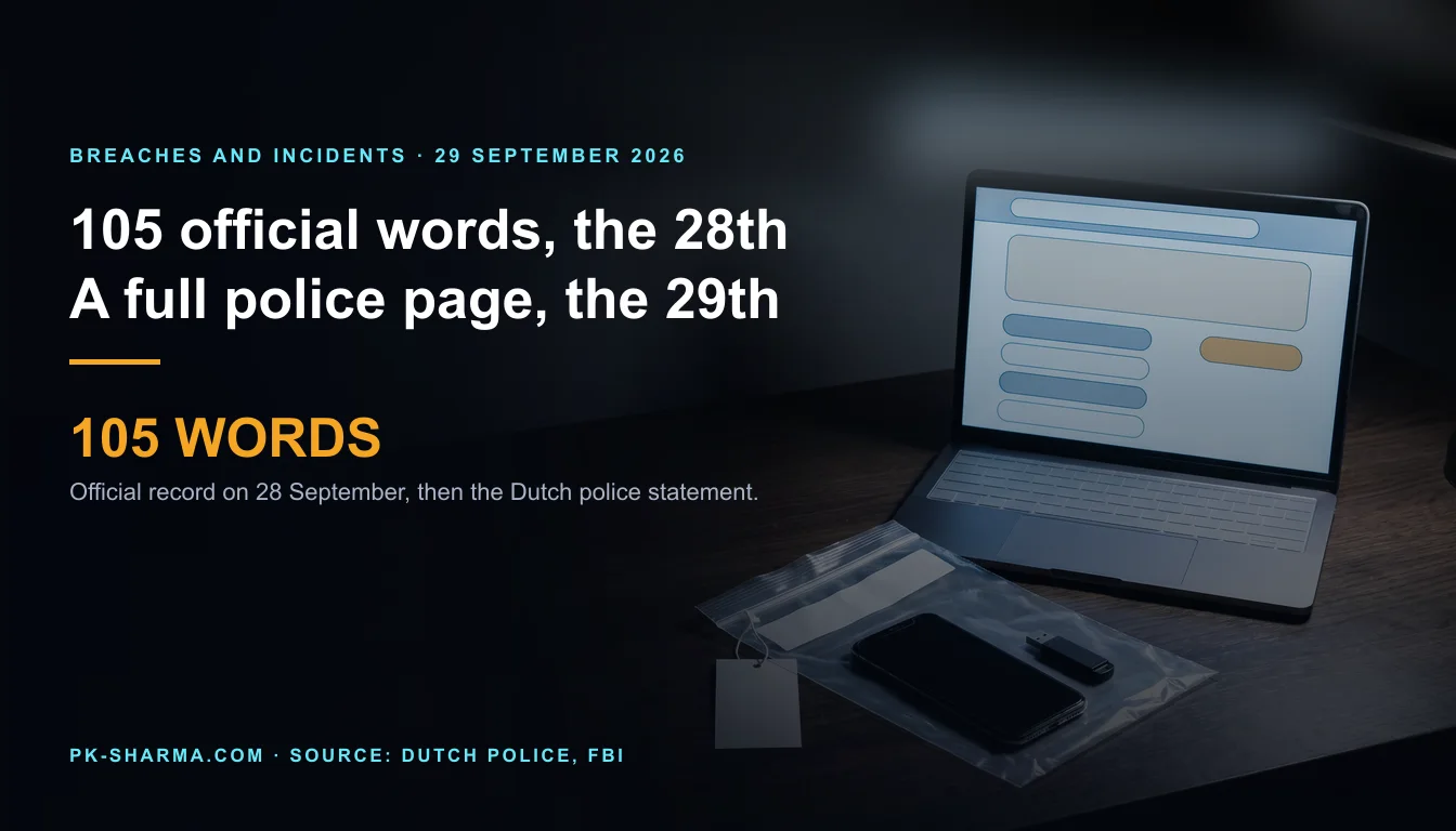 Editorial illustration for the briefing: ShinyHunters: the official record was 105 words on 28 September. On 29 September the Dutch police published a full statement