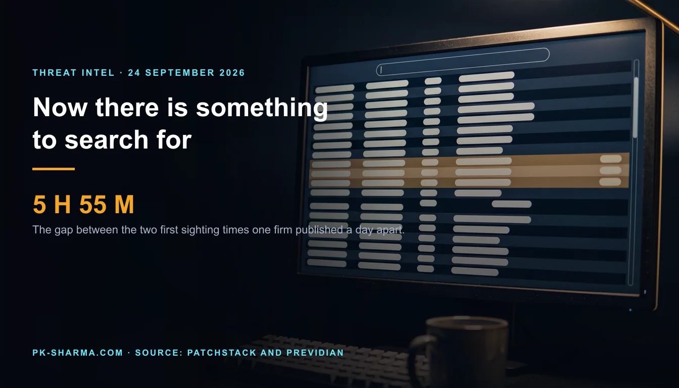 Editorial illustration for the briefing: CVE-2026-87902 is being exploited, there is finally something to search for, and one timestamp moved six hours