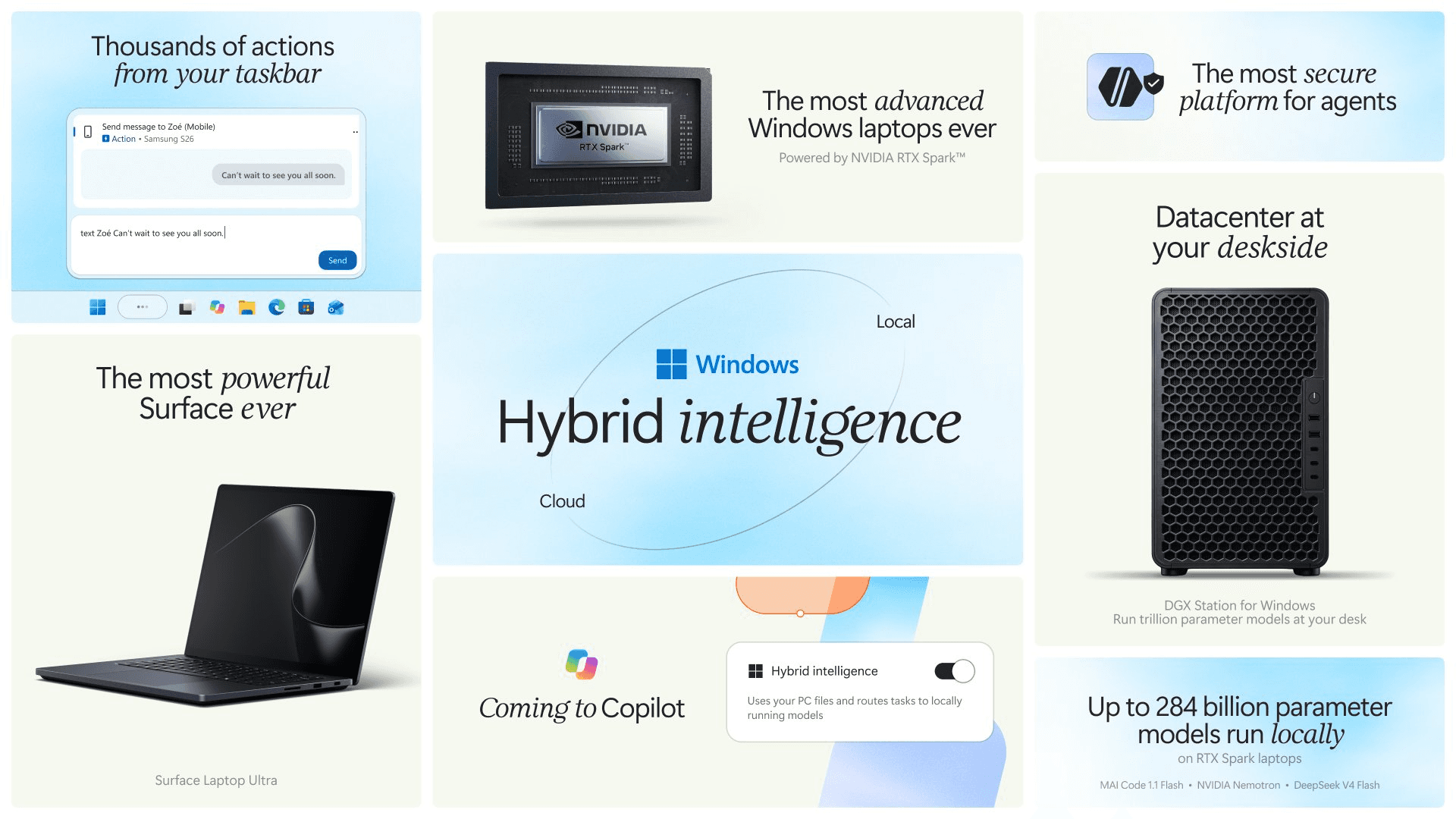 Microsoft launch montage showing Surface Laptop Ultra, RTX Spark, Windows local and cloud intelligence, forthcoming Copilot features and a separate DGX Station for Windows.