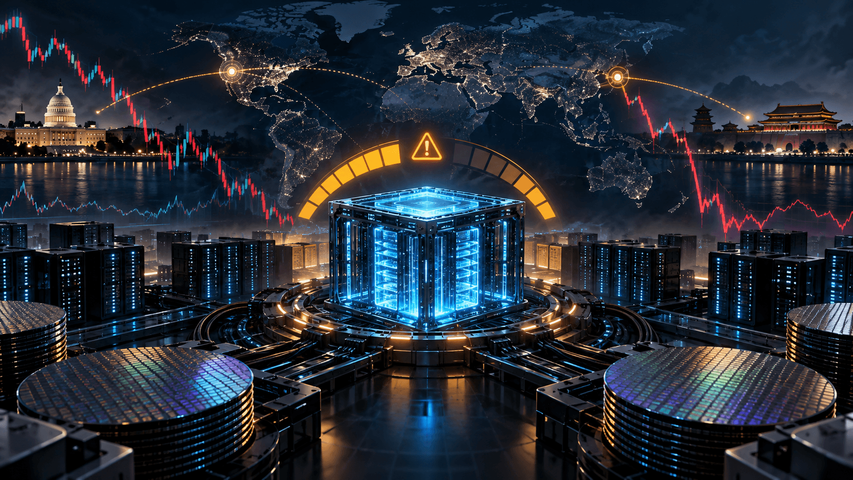 A glowing AI data centre between semiconductor wafers, falling market charts and opposing geopolitical centres.