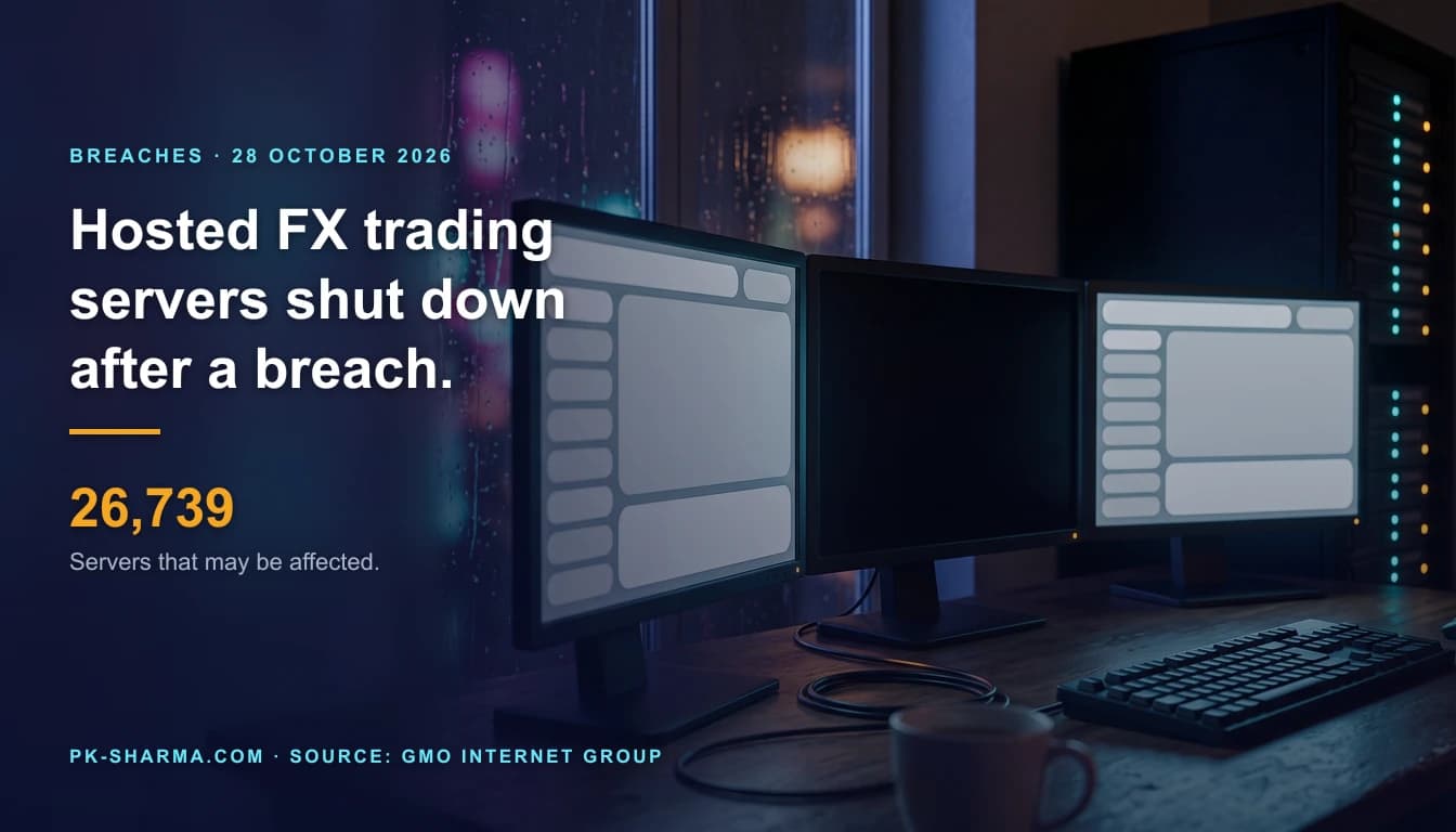 A night time home trading desk with three monitors in a row. The left and right monitors show empty grey panels made of blank rounded shapes, the middle monitor is dark with one amber power light. Behind them a black server rack with rows of teal and amber lights has one dark unit. Rain streaks a window with soft neon bokeh. Drawn over the left side: BREACHES, Hosted FX trading servers shut down after a breach, 26,739 servers that may be affected.