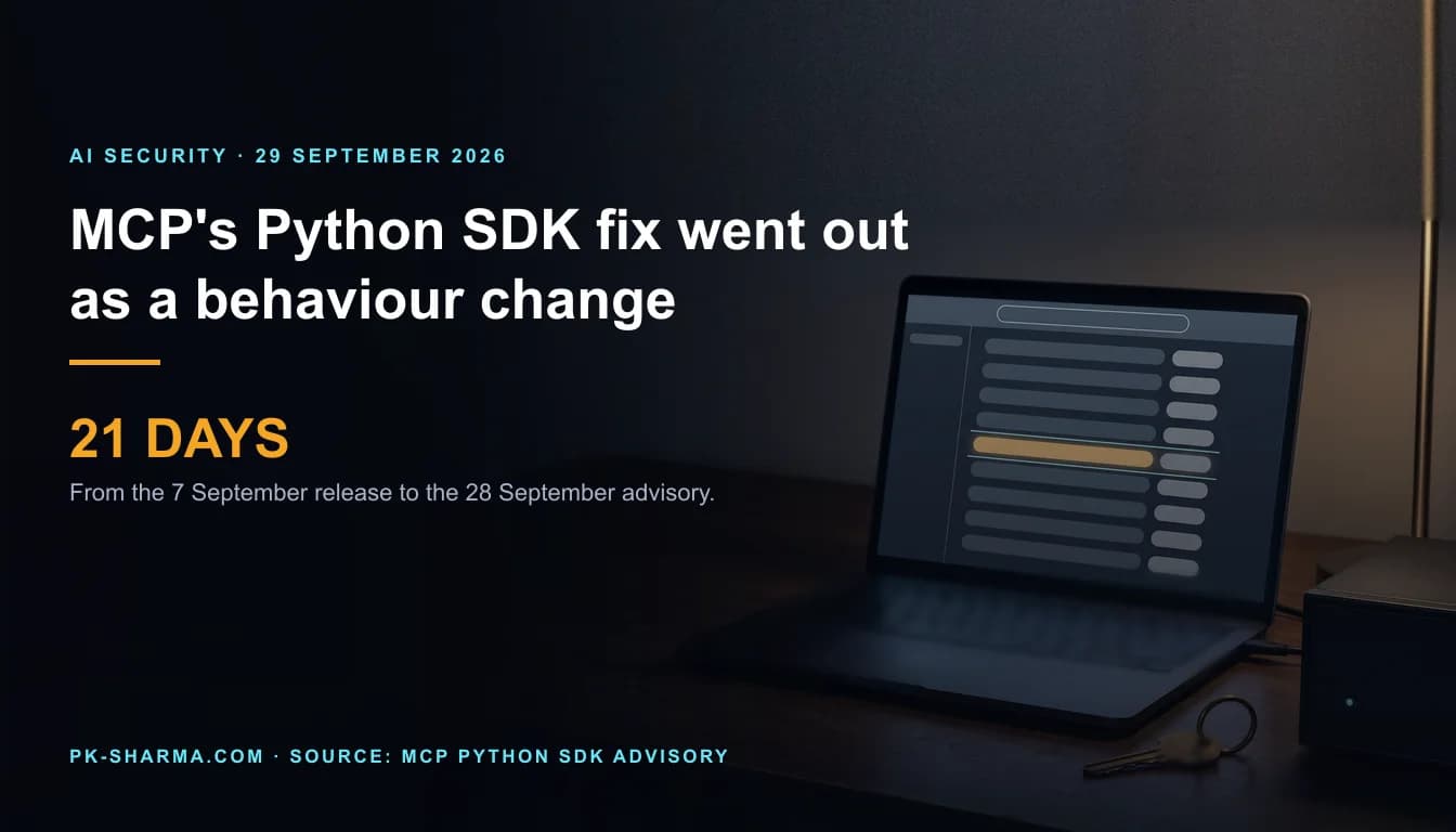 Editorial illustration for the briefing: The MCP Python SDK fix shipped 21 days before its advisory, filed as a behaviour change with no CVE