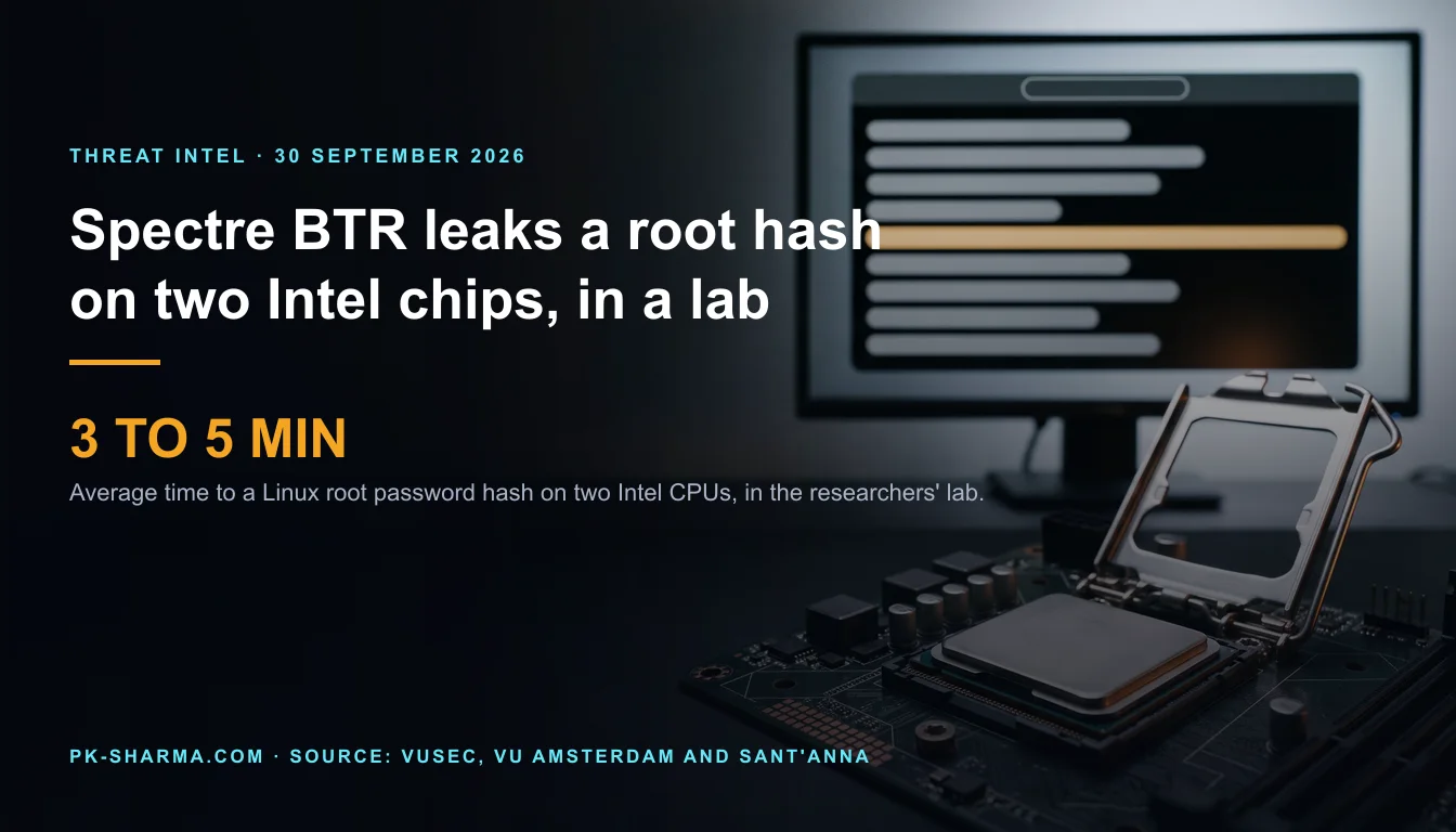 Editorial illustration for the briefing: Spectre BTR: a Linux root hash in 3 to 5 minutes on two Intel chips, with the kernel fix public since July