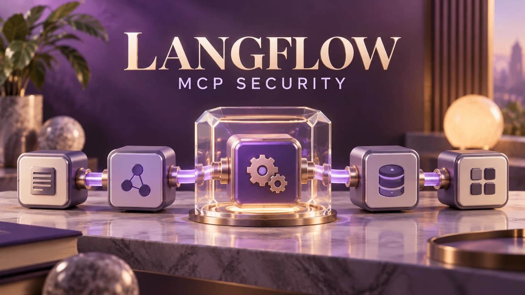 AI-generated editorial illustration of violet workflow modules and a central gear module in a transparent enclosure, labelled Langflow MCP security.