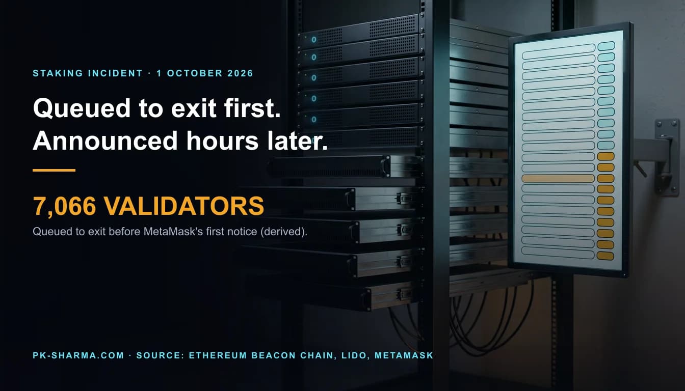 Editorial illustration for the briefing: By our count, MetaMask Staking queued 7,066 Lido validators to exit hours before its notice, naming no cause