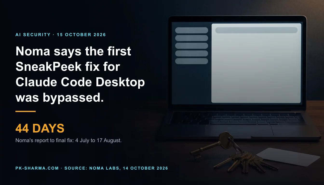 A dark desk at night. An open graphite laptop shows a plain split window: a narrow left pane with five blank grey bars and a wide pale right pane with one blank bar across the top. In front of it lie a ring of old brass keys, one lifted from the others, and a blank white key-card. The left of the frame is empty dark blue, with the headline and a stat drawn over it: 44 days.