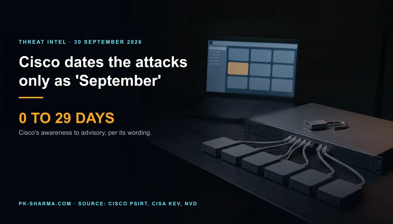 Editorial illustration for the briefing: Cisco dates the SD-WAN Manager attacks only as 'September', and omits five trains its May table listed