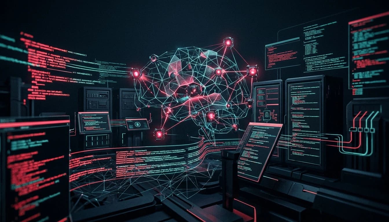 Dark cinematic artwork of an autonomous artificial intelligence neural network executing automated cyber intrusions and ransomware kill chains.