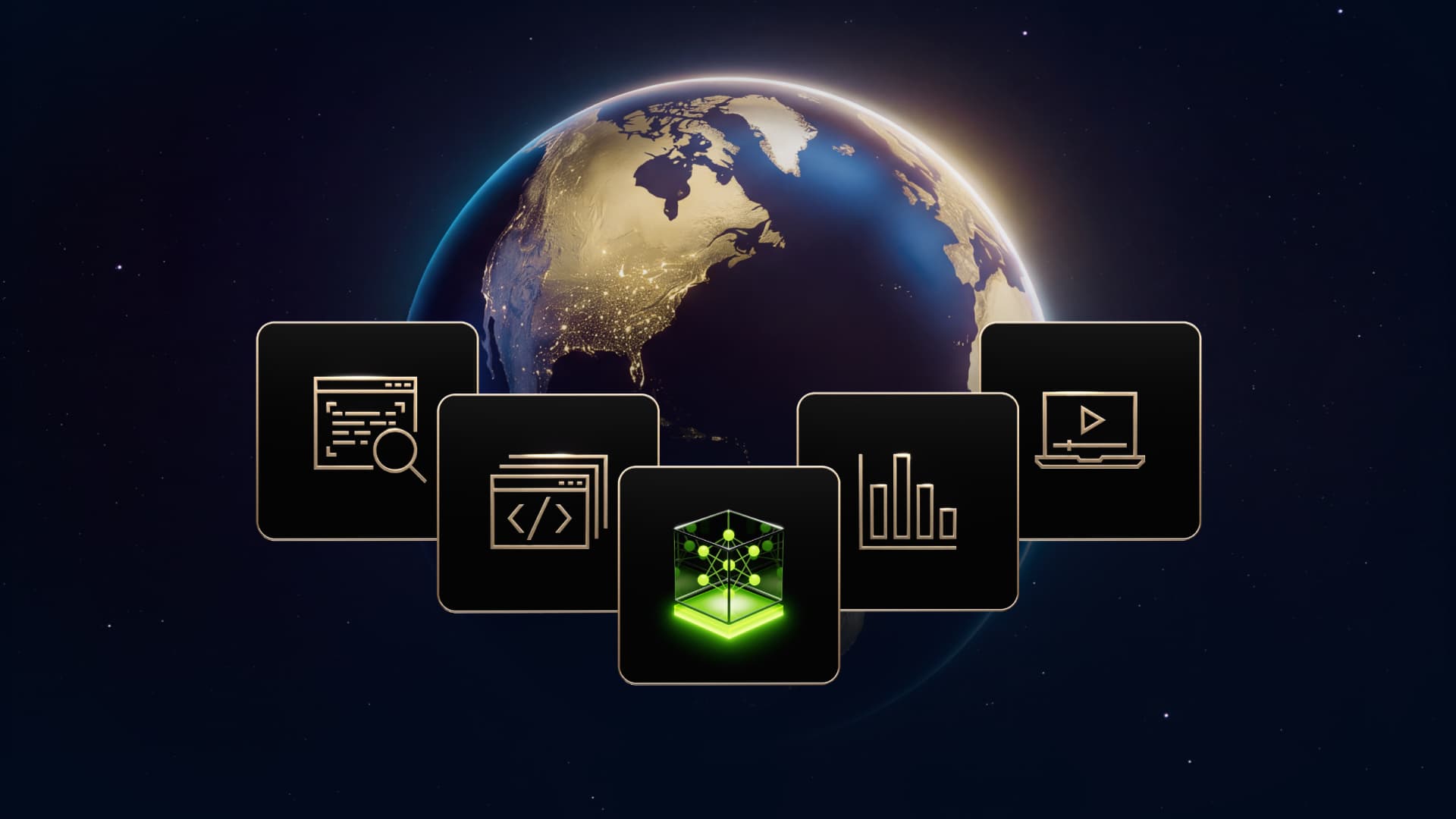NVIDIA promotional illustration showing a globe behind icons for documents, code, data charts, video and an AI model.
